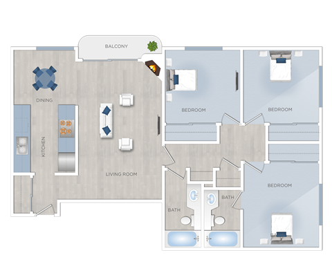 Floor plan for 3 beds, 2 baths, 1190 sqft